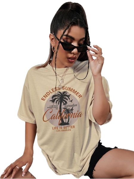 

slogan & palm tree print drop shoulder tee g2ui#, White