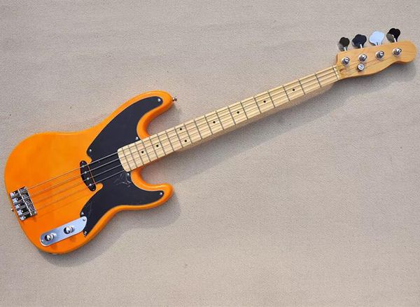 

orange 4 strings electric bass guitar with maple fingerboard black pickguard