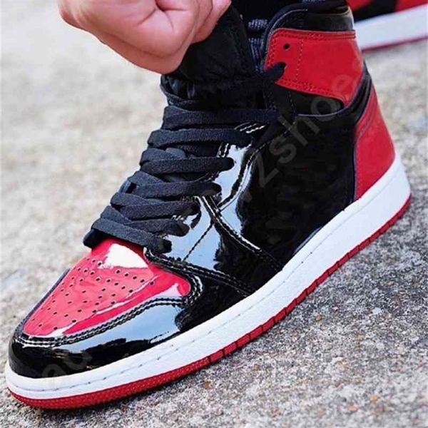 

classical 1s high og bred patent leather shoes men basketball red black jumpman 1 sneakers rubber sole sports trainers size 40-46268a
