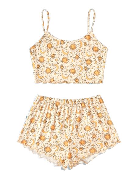 

romwe x doodlebymeg sun & moon print lettuce trim pajama set j2nr#, Black;red