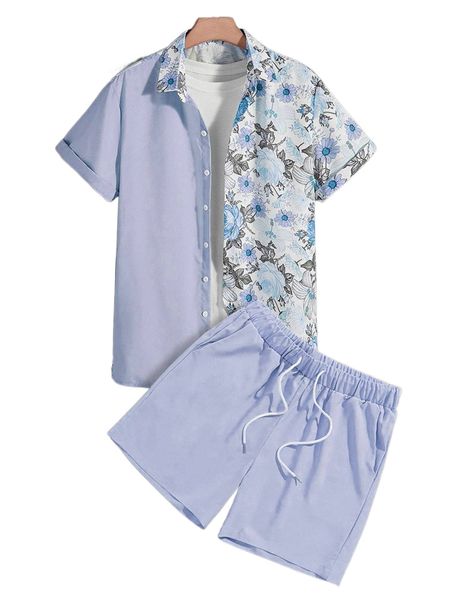 

men random floral print shirt & drawstring waist shorts without tee w0hf#, Gray