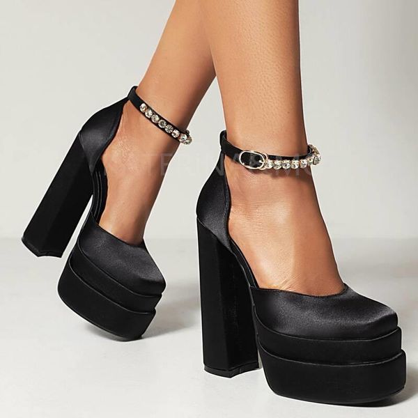 

sandals 2022 women's pumps genuine leather silk thick high heel platform rhinestone women shoes black red yellow rose purple