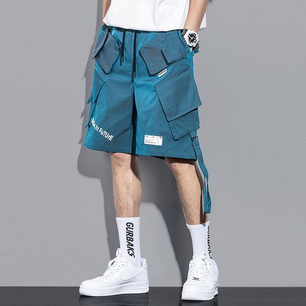 

summer tide brand new laser reflective overalls shorts men's loose hip-hop multi-bag ins casual pants p56c#, White;black