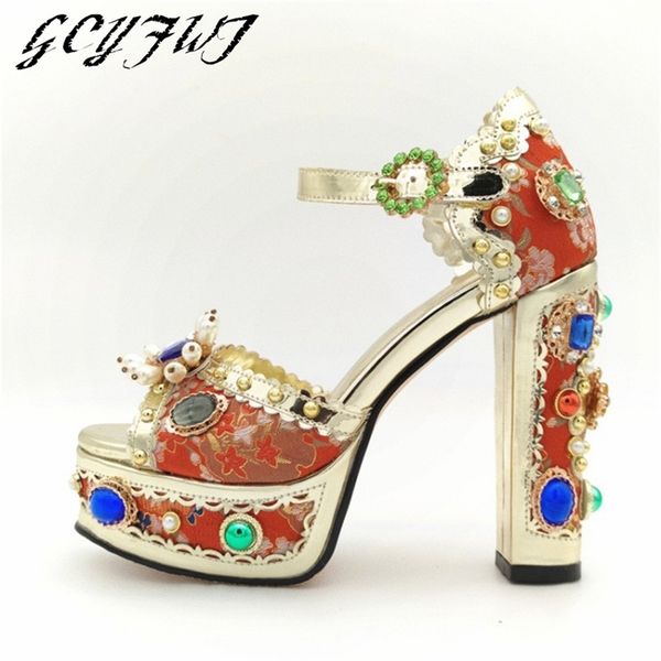 

embroidery lace luxury brand sandal bling high heels crystal flower pearl diamond platform wedding shoes woman 220326, Black