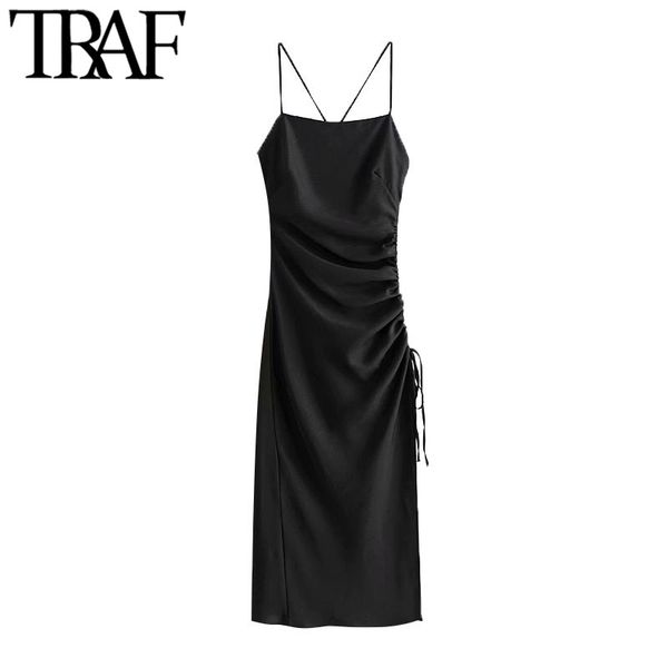 

traf women chic fashion side adjustable drawstring draped midi dress vintage backless side zipper straps female dresses 210303, Black;gray