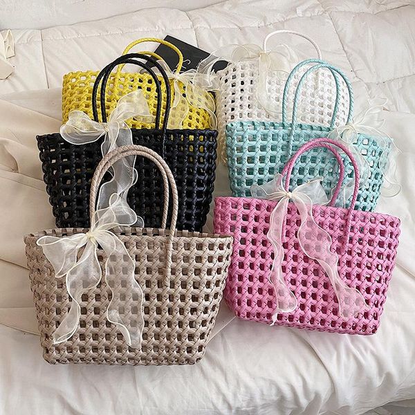 Akşam Çanta 2022 Moda El Yapımı Dokuma Çanta Yüksek Kalite Kadınlar PVC Çanta Taşınabilir Alışveriş Sepeti El Bayanlar Hollow Beach Tote