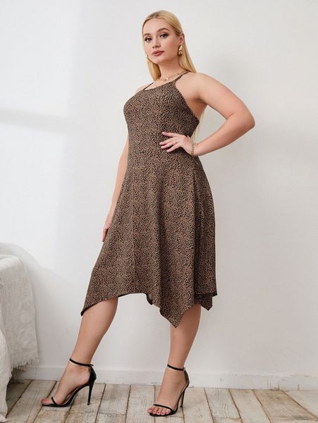 

plus dalmatian print hanky hem cami dress 630j#, Black