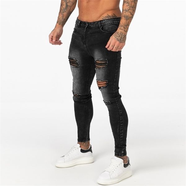 

gingtto dark washed black jeans for men slim fit mens denim jeans casual ripped jeans men elastic waist zm112 201123, Blue