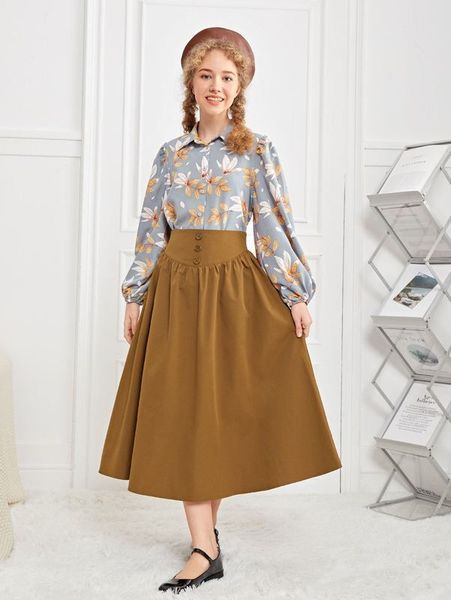 

teen girls floral print bishop sleeve blouse & wide band waist button detail skirt she, White