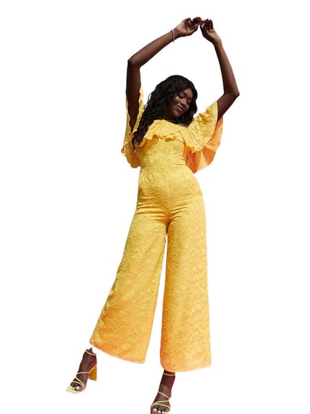 

x yia jacquard cold shoulder ruffle trim wide leg jumpsuit l7nq#, Black;white