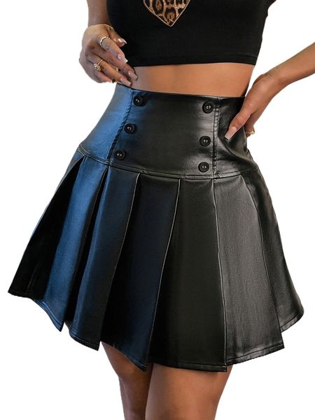 

button detail wide waistband pleated pu leather skirt j11t#, Black
