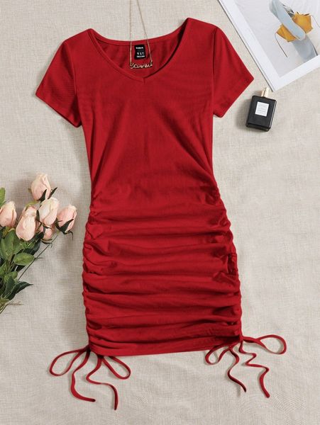 

v-neck drawstring ruched side dress c470#, Black;gray