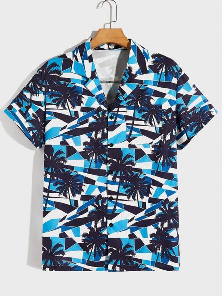 

romwe guys geo & tropical print shirt 65mo#, White;black