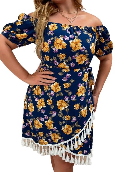 

plus allover floral print off shoulder wrap fringe hem dress w9fr#, Black