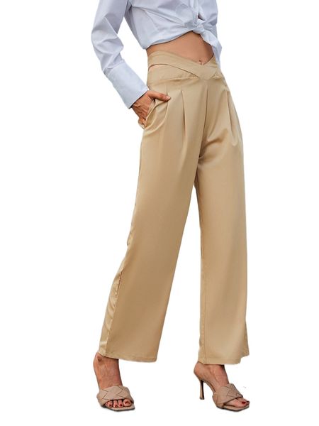 

sollinarry cut out waist plicated detail straight leg pants 3979#, Black;white