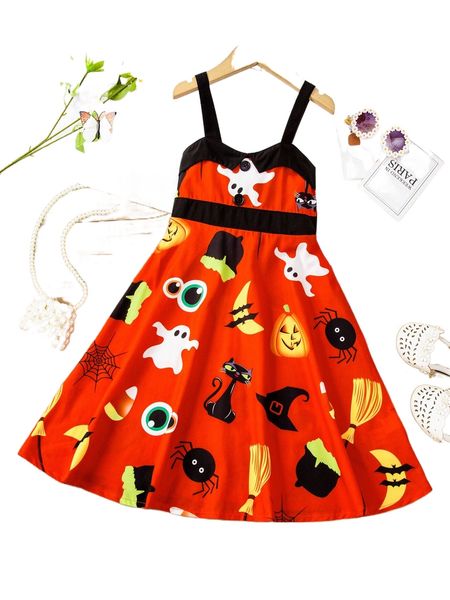 

toddler girls halloween print cami dress p8o3#, Black;white