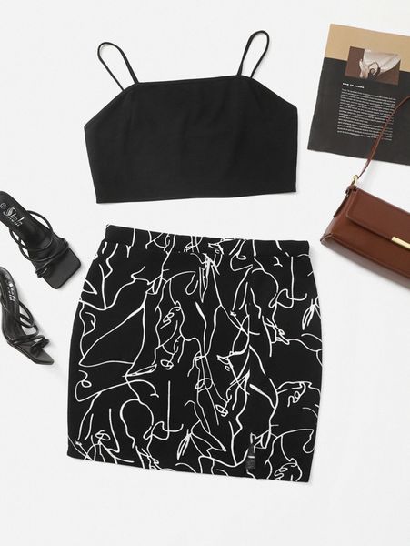 

plus crop cami with graphic print skirt 93f0#, Black