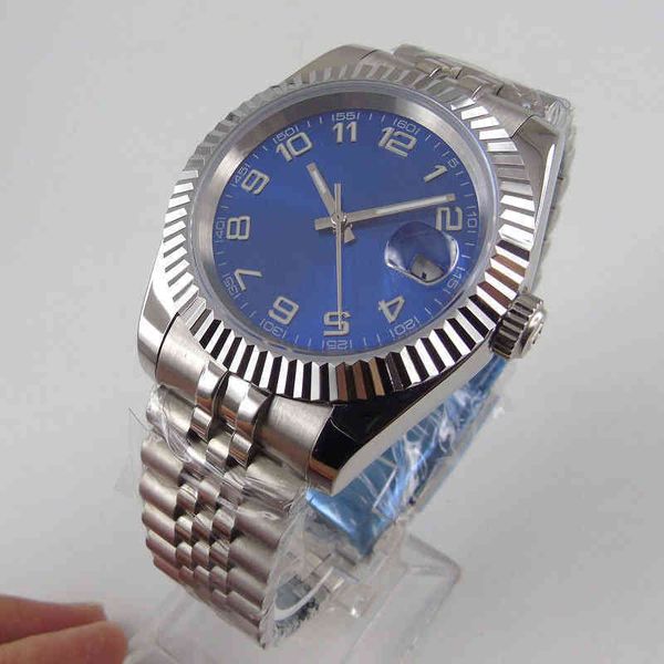 

39mm blue dial men steel case watch 21 jewels japan miyota 8215 automatic wristwatch fluted bezel brushed jubilee strap, Slivery;brown
