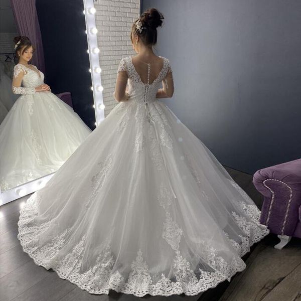 

elegnt lace embroidery wedding dress v neck vestito da sposa long sleeve vestidos de noiva plus size bride dresses, White