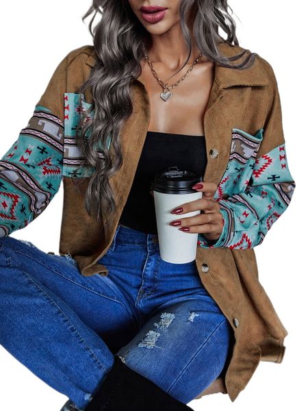 

geo print patched pocket drop shoulder corduroy coat m44h#, Black