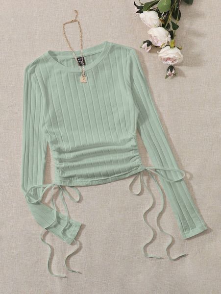 

drawstring side ruched ribbed knit tee 37pg#, White