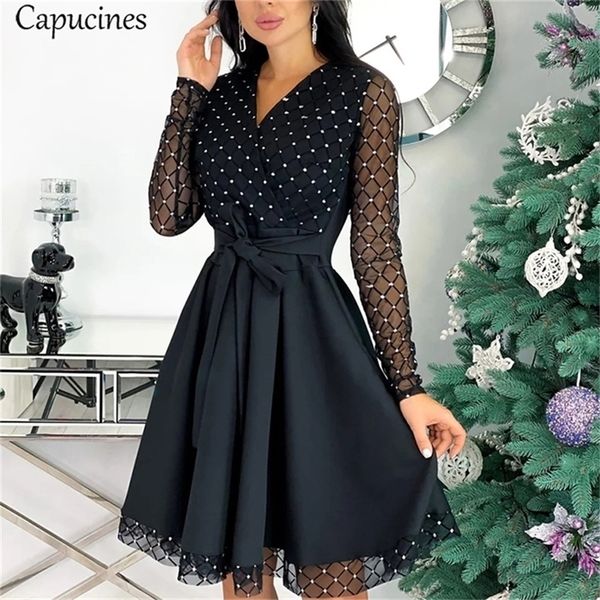 Capucines Glänzende Pailletten Mesh Nähte Frau Kleid Frühling Herbst Langarm EINE Linie Gürtel Damen Elegante Party Kleider 220406