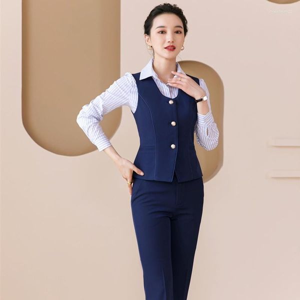 Gilet da donna Moda Gilet blu navy Gilet da donna Donna 2 pezzi Pantaloni e top Set Abiti da lavoro Abiti da ufficio Stili uniformi Stra22