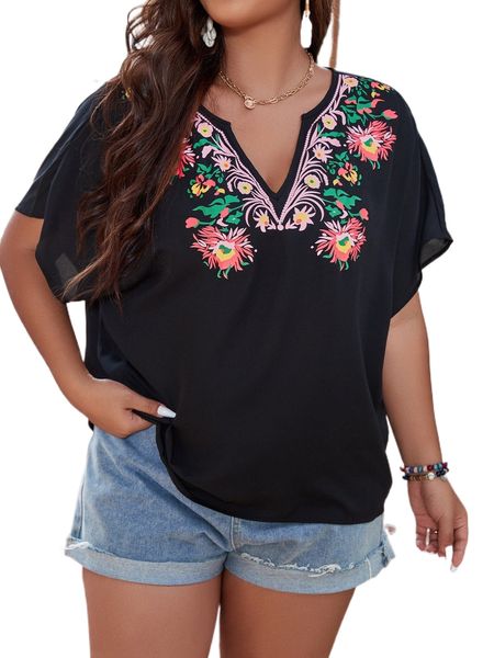 

plus floral print notched neck dolman sleeve blouse 98d1#, Black