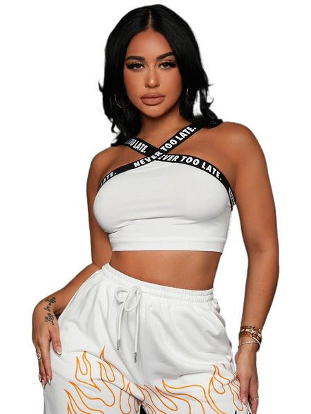 

sxy slogan tape detail crop tank 43ed#, White