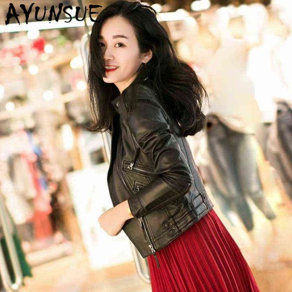 

ayunsue natural genuine leather jacket women clothing 2020 korean 100 moto genuine sheepskin jacket women leather jacket lw3871 j220727, Black