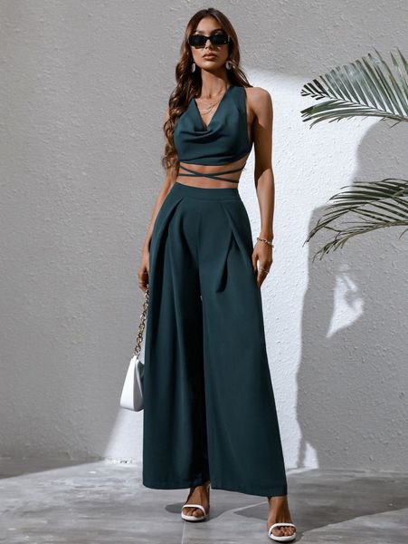

solid draped criss cross tie backless & wide leg pants t0nv#, White