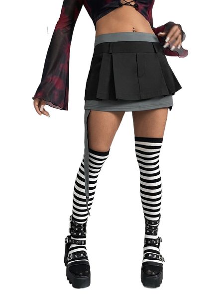 

two tone pleated detail garter 2 in 1 skirt v1nx#, Black