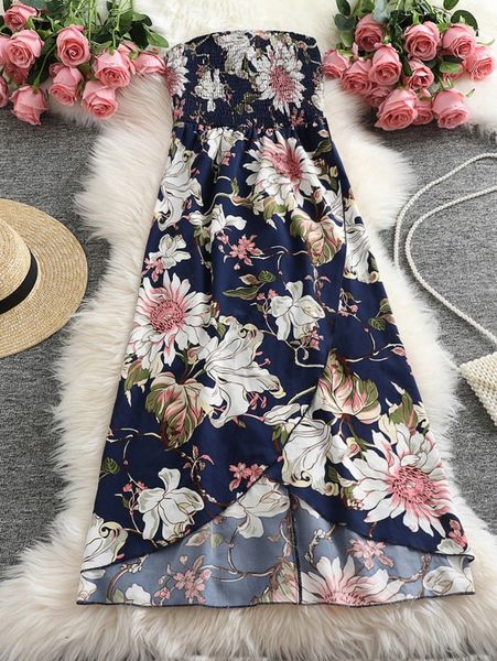 

plus floral print shirred wrap hem tube dress z261#, Black
