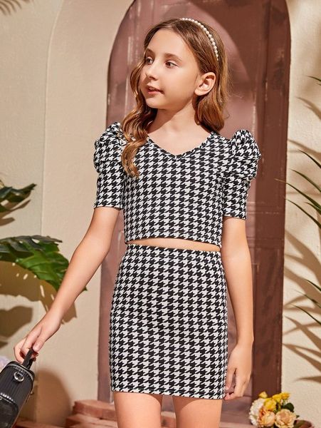 

girls houndstooth puff sleeve & skirt she, White