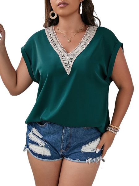 

plus contrast guipure lace dolman sleeve blouse 79aj#, Black
