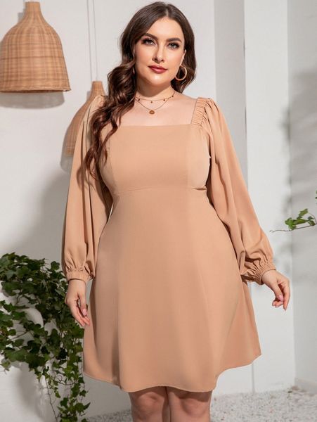 

plus lantern sleeve square neck dress 45vv#, Black