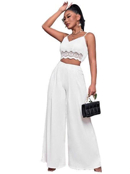 

guipure lace insert scallop trim cami & wide leg pants u0y0#, White