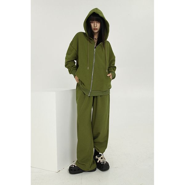 

women's green zipper hoodie long sleeves casual baggy wide leg long pants two piece set vintage sports style suit ladies 220817, White