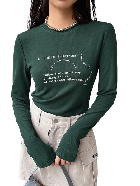 

dazy slogan print rib knit tee h41h#, White