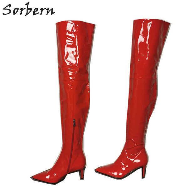 

sorbern .5cm kitten heel women boots over the knee stilettos custom leg half zip side boots patent leather more colors, Black