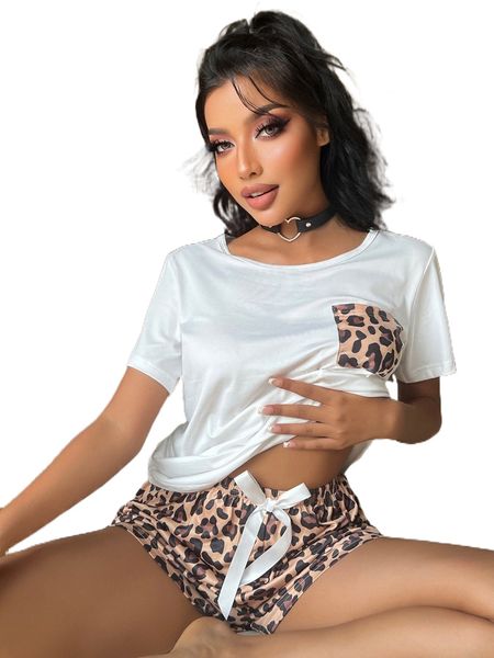 

leopard bow front pj set s2je#, Black;red