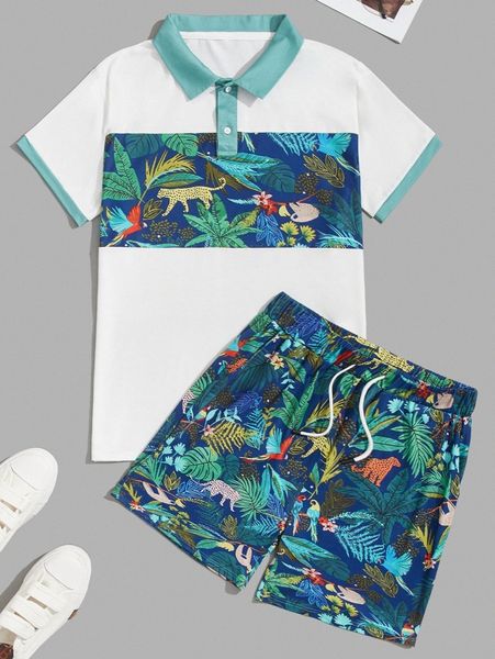 

men leopard & tropical print contrast collar polo shirt & shorts 08di#, Gray