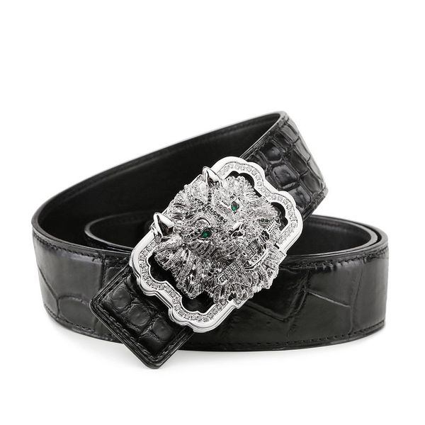 

2022 classic silver gold men's belt luxury r leather fashion lion head diamond-studded smooth buckle business belt men delivery, Black;brown
