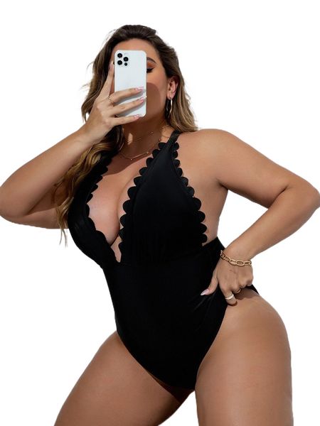 

plus scallop trim crisscross back one piece swimsuit j8yk#, White;black