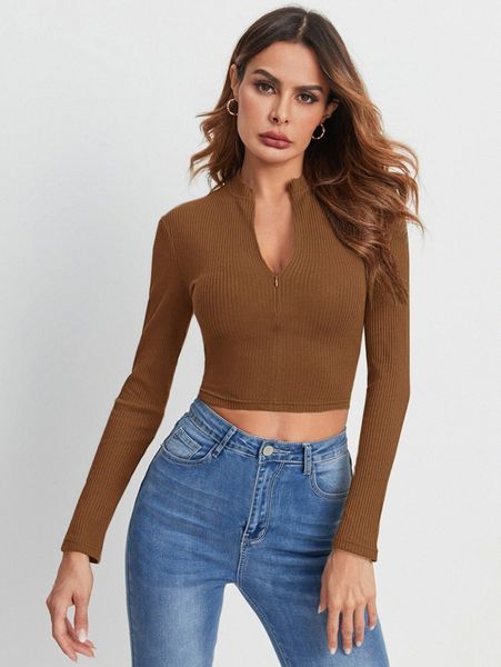 

zip half placket rib-knit tee o9gl#, White