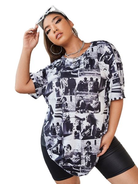 

plus figure graphic drop shoulder tee f9g6#, Black