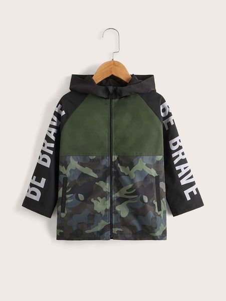 

toddler boys camo and slogan graphic hooded coat she, Blue;gray