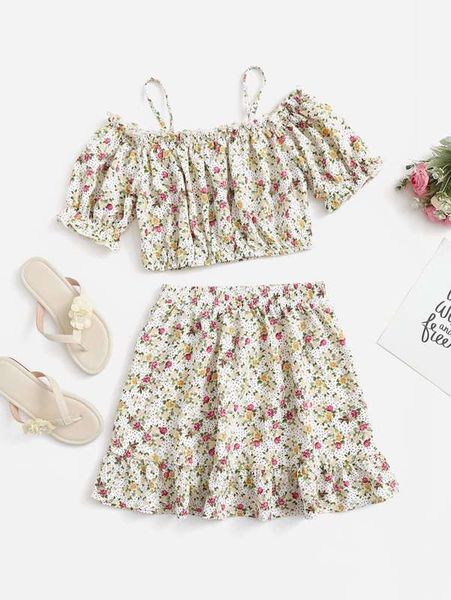 

girls dot & floral print cold shoulder crop & ruffle skirt she, White