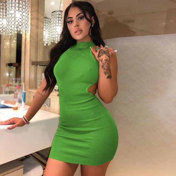 

spring and summer dresses women high-neck hollowed-out wrap chest middle waist bag hip dress mini bodycon, Black;gray