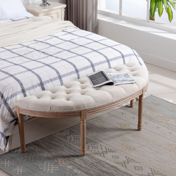 

half moon french vintage bench with upholstered seat and rubberwood legs